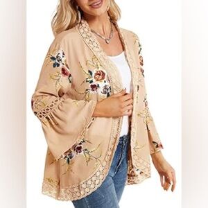 Beige and Floral Women's Cardigan Kimono with Embroidery and Lace Details size S